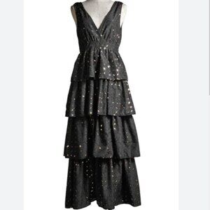 Black & Gold Sequins ruffle tiered Havana Dress by Traffic People Medium NWT
